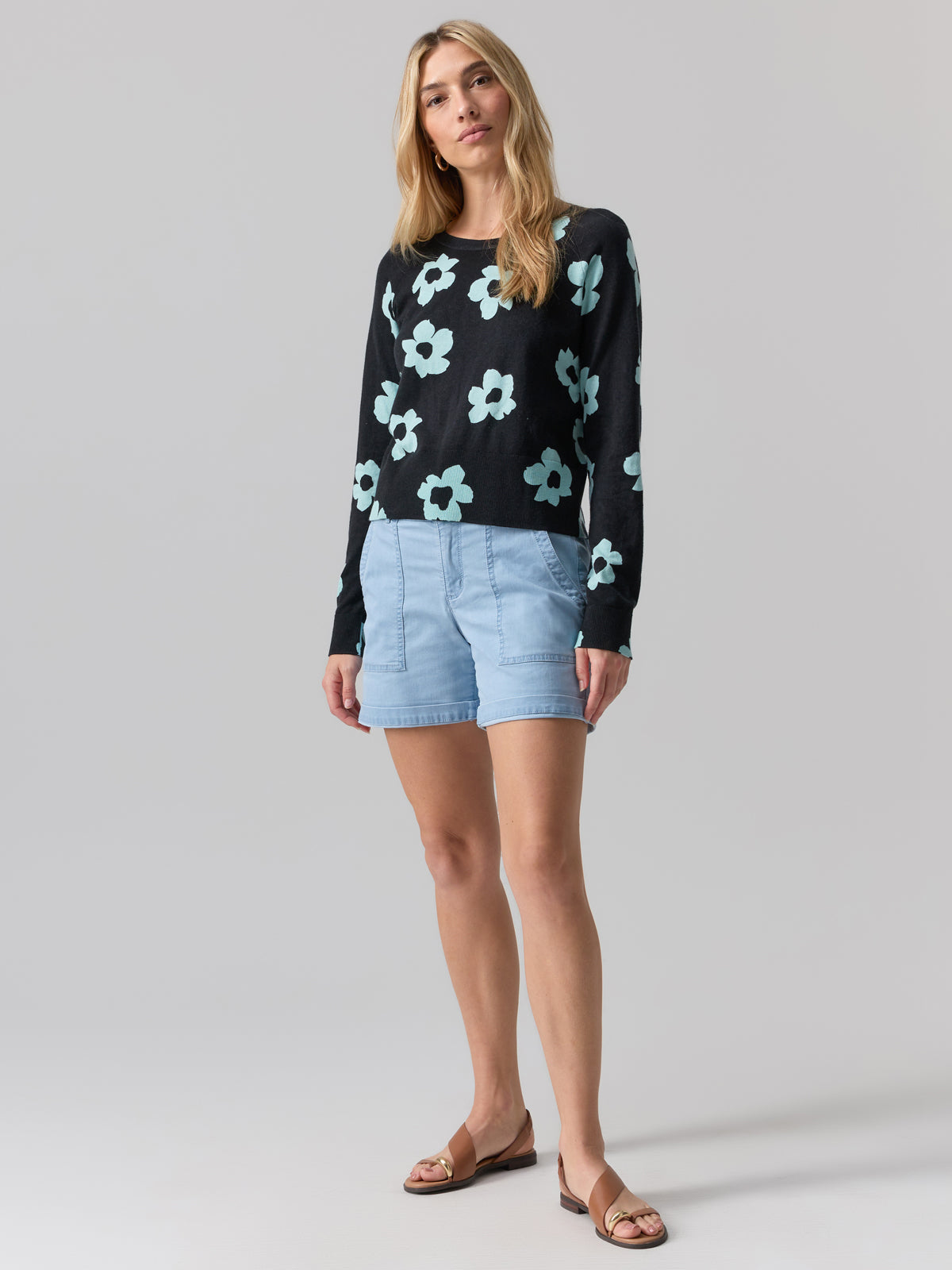 All Day Long Sweater Aqua Flower Pop